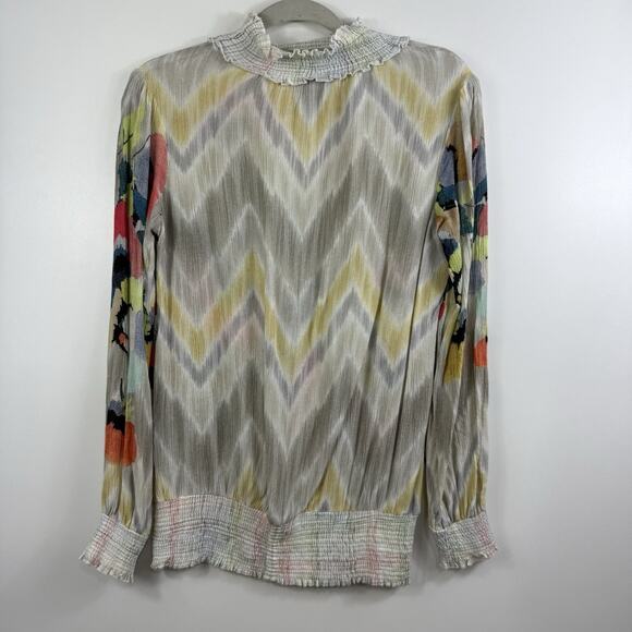 Anthropologie Blank London Floral Watercolor Top XS Smocked Sequin Chevron Boho - Picture 10 of 16